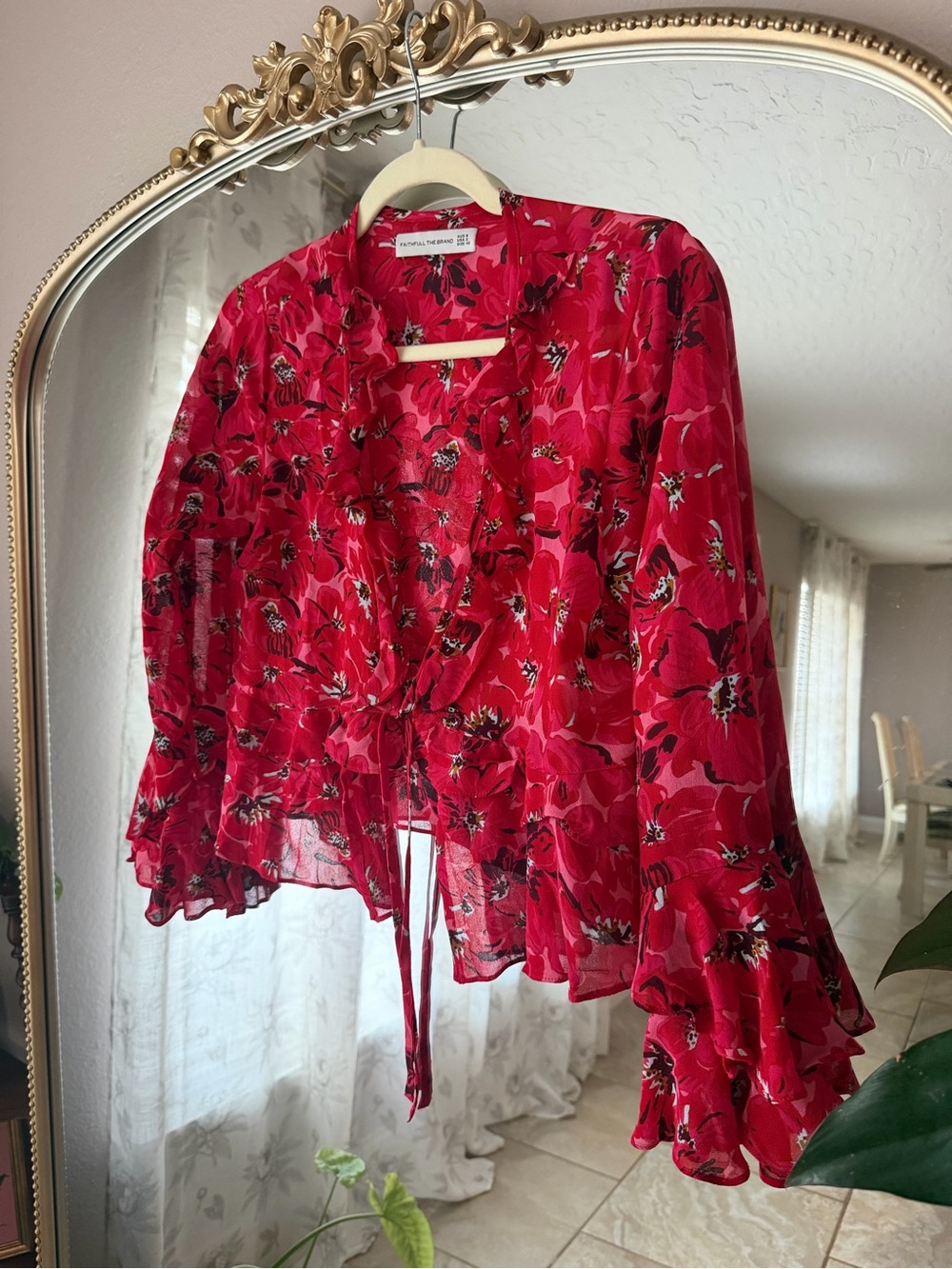 Faithfull the Brand Red Floral Tie-Front Sheer Blouse